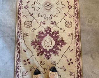 Hand Knotted Runner Rug, Beige Burgundy Tone Rug, Turkish Runner Rug in 2x8 2x10 2.5x8 3x12 All Runner Sizes, Kitchen Entryway hallway Rug