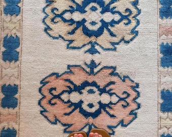 Ivory Blue Accent Runner rug hand knotted oushak rugs, Contemporary Rugs 2.5x12, 3x12 3x16 4x12 for Entryway Kitchen Hallway Custom size Rug