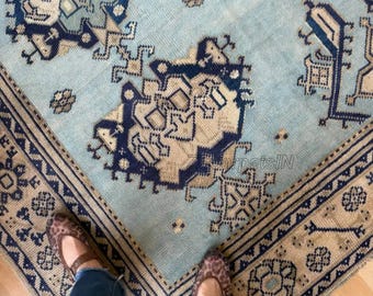 Sky Blue Oushak rug Traditional geometric-medallion Hand knotted high quality wool rug 8x10 9x12 10x14 Rugs for Living Dining Bedroom rug