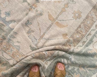 Whispering garden oushak rug, sand misty sage tone high quality wool hand knotted rug modern cozy bedroom 9x12 10x14 12x15 custom size rug