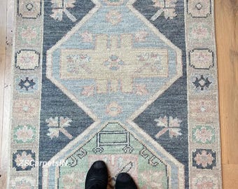 Hand knotted winter Blue Runner rug Oushak Rug, Hand Knotted Rug, Boho Runner, 2x8 2x10 3x10 3x12, Rugs for Entryway Kitchen Custom size Rug