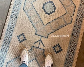 Exquisite Runner Rug in Beige & Blue Accent, Runner Oushak Rug, Hand Knotted Rug, Boho Runner, 2x8 2x10 2.5x10 3x10 3x12, Entryway Kitchen