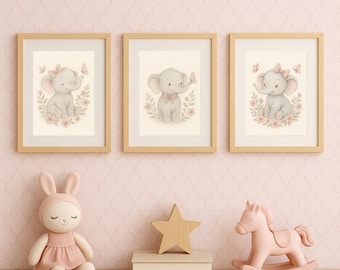 The Blush Elephants Collection | Wall Art Set of 3 Prints | Baby Girl Elephants Art | Digital Download | Blush Room Decor | Girl Nursery Art