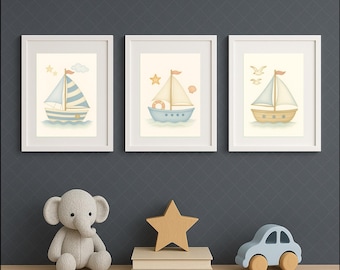 Láminas de veleros: Decoración náutica para habitaciones infantiles (descarga digital, juego de 3)