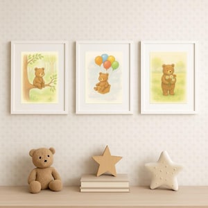 The Whimsy Bear Collection | Wall Art Set of 3 Prints | Bear Nursery Art | Digital Download | Kids Room Decor | Neutral Nursery Art