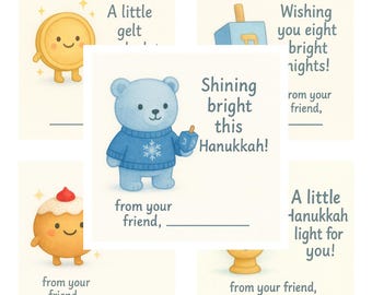 Hanukkah Gift Tags: Menorah, Gelt, Snow Bear, Dreidel, Sufganiyah (Digital Download Set of 5)