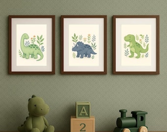 The Dinosaurs Collection | Wall Art Set of 3 Prints | Dinosaur Art | Digital Download | Kids Room Decor | Neutral Nursery Art | Baby Dinos