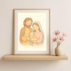 The Holy Family Illustration | Wall Print | La Sagrada Familia | Digital Download | Religious Art | Baptism First Communion Favor