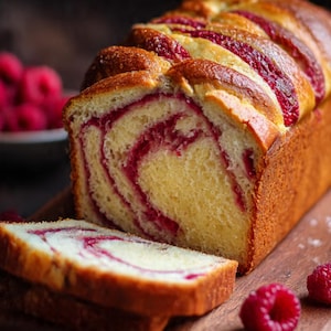 Puede incluir: Un pan de remolino de frambuesa rebanado sobre una tabla de madera. El pan tiene una corteza dorada y un relleno de frambuesa roja arremolinado a través de la masa amarilla. Hay frambuesas frescas cerca del pan.
