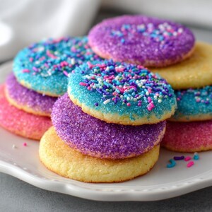 May include: A plate of colourful sugar cookies. The cookies are round and covered in sprinkles. The colours include pink, purple, blue, and yellow. The cookies are stacked on top of each other.