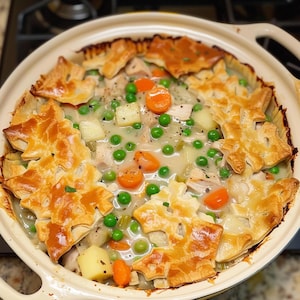 Può includere: Un pasticcio di pollo in una pirofila di ceramica color crema. Il piatto presenta una crosta di pasta sfoglia dorata tagliata a forma di foglie, che copre un ripieno cremoso di pollo a cubetti, piselli verdi, carote arancioni e patate.