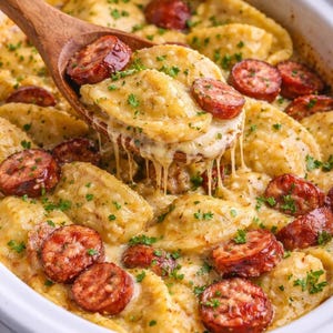 Cazuela de pierogi con kielbasa en olla de cocción lenta: receta cremosa para una cena en PDF