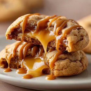 Può includere: Due biscotti ripieni di caramello impilati su un piatto. I biscotti sono marrone dorato con una consistenza morbida e il ripieno di caramello fuoriesce. Il caramello è di un ricco colore marrone lucido e i biscotti sono su un piatto grigio chiaro.