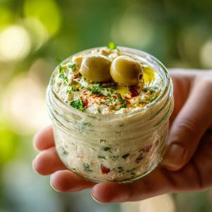 Peut inclure: Un petit pot en verre rempli de houmous, garni de deux olives vertes, d'herbes et d'une pincée d'épices rouges. Le houmous a une texture crémeuse et est parsemé d'herbes vertes et d'épices rouges. Le pot est tenu dans une main.