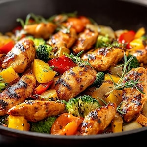 May include: A close-up of a pan filled with a colourful chicken and vegetable stir-fry. The dish features grilled chicken pieces, broccoli florets, yellow and red bell peppers, and carrots. Rosemary sprigs garnish the dish.