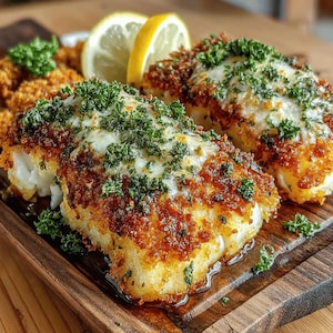 May include: Close-up of a wooden serving board with two breaded fish fillets topped with melted cheese and fresh parsley. Slices of lemon are placed on the side, with a portion of seasoned rice. A delicious meal.