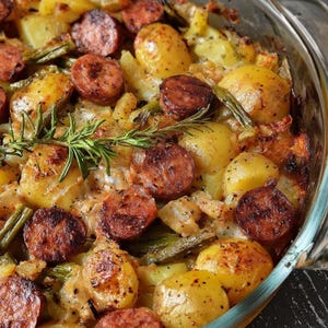 May include: A baked dish in a clear glass casserole. The dish contains roasted potatoes, sliced sausage, green beans, and herbs. The potatoes are golden brown, and the sausage is charred. The dish is on a dark wooden surface.