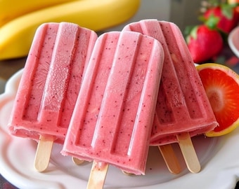 Receta de paletas heladas de fresa y plátano / Postre saludable sin hornear (Descarga digital)