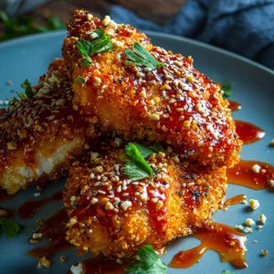 May include: A close-up shot of a plate with three pieces of fried food. The food is golden brown, coated in sesame seeds and nuts, and drizzled with a red sauce. Garnished with fresh green herbs, the dish sits on a blue plate.