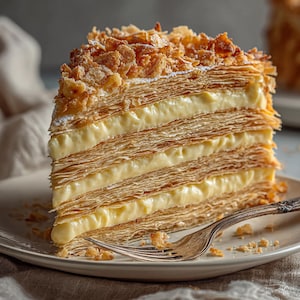 Puede incluir: Una porci&oacute;n de pastel en capas con relleno cremoso, cubierta con trozos crujientes, se presenta en un plato blanco con un tenedor. Las capas del pastel son visibles, mostrando la textura y los ingredientes. El postre es de color marr&oacute;n claro.