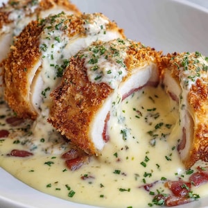May include: Sliced chicken breast, coated in breadcrumbs and fried until golden, filled with ham and cheese, and covered in a creamy sauce. Garnished with fresh herbs on a white plate. A tasty, savoury meal.