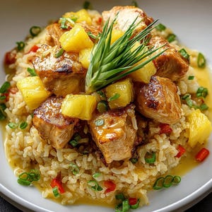 May include: A close-up shot of a plate of food featuring rice, chunks of cooked chicken, and pineapple. The dish is garnished with green onions and red peppers. The food is served in a white bowl.
