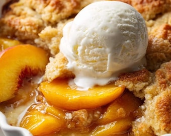 May include: A peach cobbler in a white, fluted dish. The cobbler has golden-brown, baked dough on top of juicy peaches. A scoop of vanilla ice cream sits on top, melting slightly. The dish is on a grey plate.