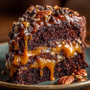 Può includere: Una fetta di ricca torta al cioccolato con ripieno e copertura al caramello, guarnita con gocce di cioccolato e noci pecan. La salsa al caramello cola lungo il lato della torta.