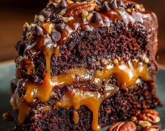 Puede incluir: Una porción de pastel de chocolate con relleno y cobertura de caramelo, adornada con chispas de chocolate y nueces pecanas. La salsa de caramelo gotea por el costado del pastel.