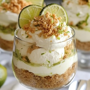 Puede incluir: Un postre en capas en un vaso transparente. La base es una capa desmenuzable de color marrón claro, cubierta con un relleno blanco cremoso y una capa verde. Adornado con crema batida, rodajas de lima y migas.