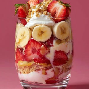 May include: A layered dessert in a clear glass, featuring fresh strawberries, banana slices, whipped cream, and crumbled topping. The dessert is set against a pink background, showcasing the vibrant colors and textures of the ingredients.