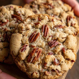 Könnte beinhalten: Nahaufnahme von drei großen, goldbraunen Pekannuss-Keksen. Die Kekse sind rund, mit einer leicht rauen Textur und sichtbaren Pekannussstücken. Die Kekse liegen auf einer Holzoberfläche.