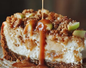 May include: A slice of apple crumble cheesecake with caramel sauce being poured over it. The dessert sits on a white plate with a brown crust, creamy filling, and green apple slices. The caramel is a rich, amber color.
