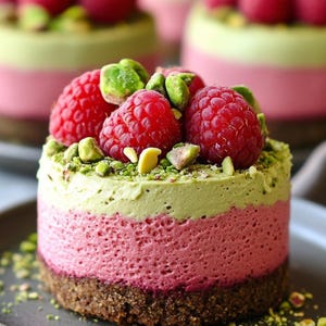 Puede incluir: Un postre en capas con una base marrón oscuro, una capa intermedia rosa y una capa superior verde, cubierto con frambuesas rojas frescas y pistachos picados. El postre está sobre un plato gris.