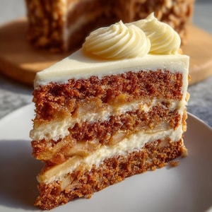 May include: A slice of carrot cake with cream cheese frosting. The cake is light brown with visible carrot pieces and nuts. Layers are separated by a creamy white filling, and the top is decorated with two swirls of frosting.