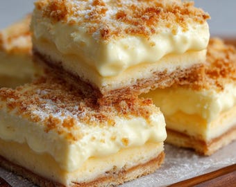 Può includere: Primo piano di quadrati di pasta sfoglia a strati con un ripieno cremoso giallo e una copertura dorata e friabile. I dessert sono impilati su un vassoio di legno, spolverati con zucchero a velo.