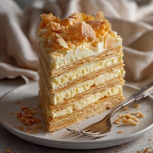 Puede incluir: Una porci&oacute;n de pastel en capas con relleno de crema y una cobertura de migas en un plato blanco con un tenedor plateado. El pastel tiene m&uacute;ltiples capas de hojaldre y crema, con un color beige claro.
