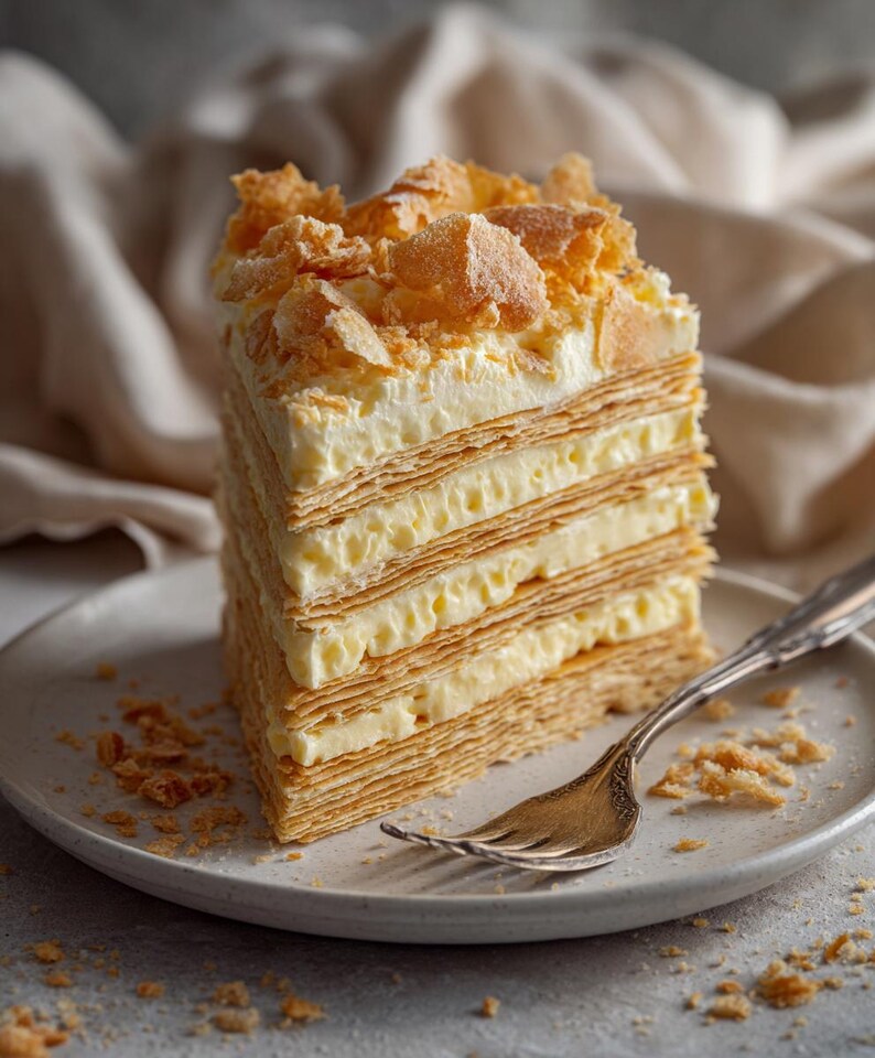 Puede incluir: Una porci&oacute;n de pastel en capas con relleno de crema y una cobertura de migas en un plato blanco con un tenedor plateado. El pastel tiene m&uacute;ltiples capas de hojaldre y crema, con un color beige claro.