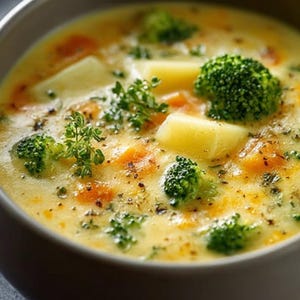 May include: A close-up of a creamy soup in a grey bowl. The soup is yellow and contains potato chunks, broccoli florets, and orange carrots, garnished with fresh herbs and black pepper.