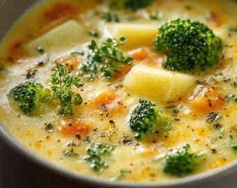 Descarga la receta de sopa de patatas, brócoli y queso cheddar, sencilla y sabrosa, para olla de cocción lenta.