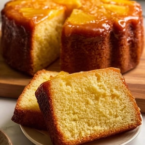 Puede incluir: Un bizcocho de piña invertido de color marrón dorado, con una rebanada cortada. Dos rebanadas del bizcocho están en un plato blanco. El bizcocho está cubierto con piña caramelizada. Un postre delicioso.