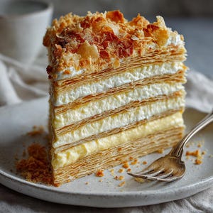 Puede incluir: Una porci&oacute;n de pastel en capas con una corteza de hojaldre y un relleno cremoso, cubierto con pasteler&iacute;a desmenuzada. El pastel est&aacute; en un plato blanco con un tenedor plateado.