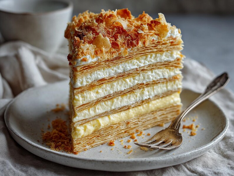 Puede incluir: Una porci&oacute;n de pastel en capas con una corteza de hojaldre y un relleno cremoso, cubierto con pasteler&iacute;a desmenuzada. El pastel est&aacute; en un plato blanco con un tenedor plateado.