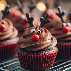 May include: Chocolate cupcakes decorated as reindeer with chocolate frosting, candy eyes, red candy noses, and pretzel antlers. The cupcakes sit in red cupcake liners on a metal cooling rack. Festive holiday treats.