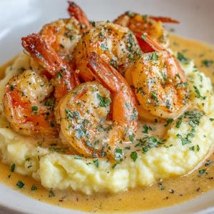 May include: A plate of cooked shrimp with a creamy sauce and mashed potatoes. The shrimp are orange and seasoned with herbs and spices. The mashed potatoes are yellow and fluffy, and the sauce is a light brown color.