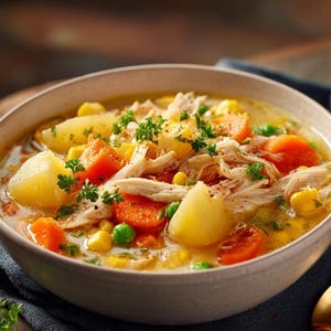 Può includere: Una ciotola di zuppa di pollo con ingredienti visibili come carote, patate, mais e piselli. La zuppa è guarnita con prezzemolo fresco e una spolverata di paprika. Il brodo è di colore giallo chiaro e la ciotola è beige neutro.