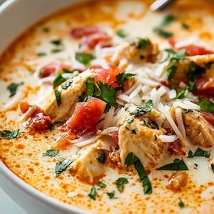May include: A close-up shot of a bowl filled with creamy tomato soup. The soup contains chunks of chicken, diced tomatoes, and shredded cheese, garnished with fresh parsley. The soup has a vibrant orange and white color.