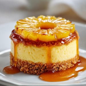 May include: A single-serving dessert on a white plate. The dessert features a yellow cheesecake base with a graham cracker crust, topped with a ring of glazed pineapple and drizzled with caramel sauce.