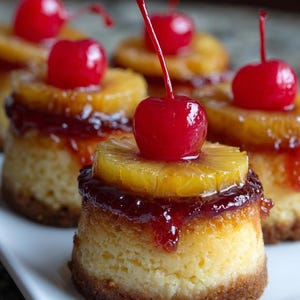 Può includere: Mini cheesecake con base di biscotti, guarniti con ananas, una ciliegia rossa e una glassa rossa. I dessert sono disposti su un piatto rettangolare bianco.