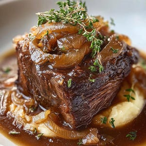 May include: A close-up of a plated dish featuring a braised beef short rib. The meat is topped with caramelized onions and fresh herbs. It sits atop a bed of mashed potatoes and is surrounded by a rich brown gravy.